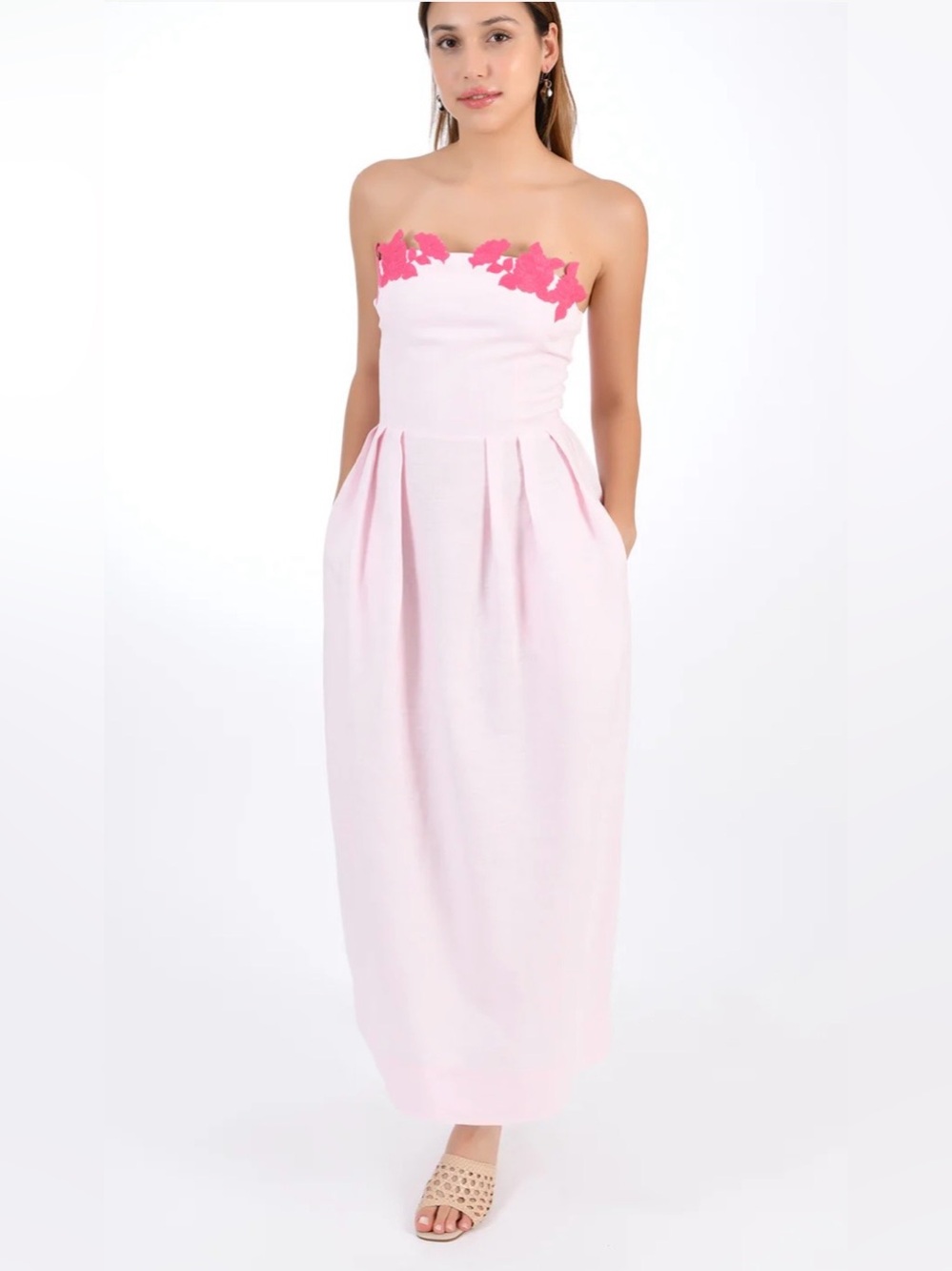 NWT FANM MON LORR DRESS Strapless Light Pink Maxi Dress with Pink Appliqué